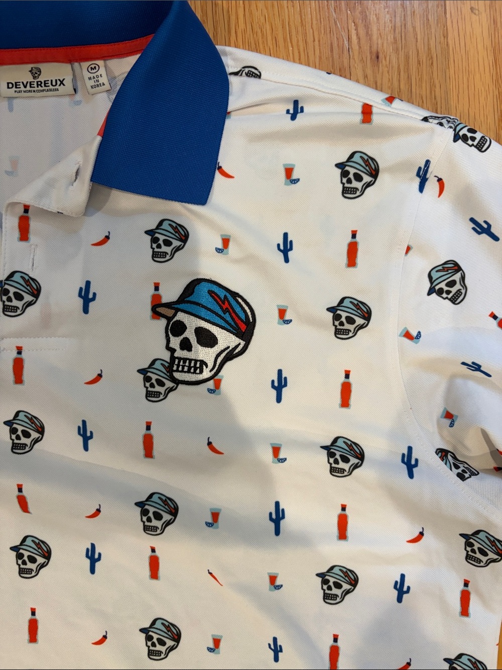 DVRX White Polo with Blue Contrast Collar and Printed Pattern- Mens Medium - Picture 2 of 3